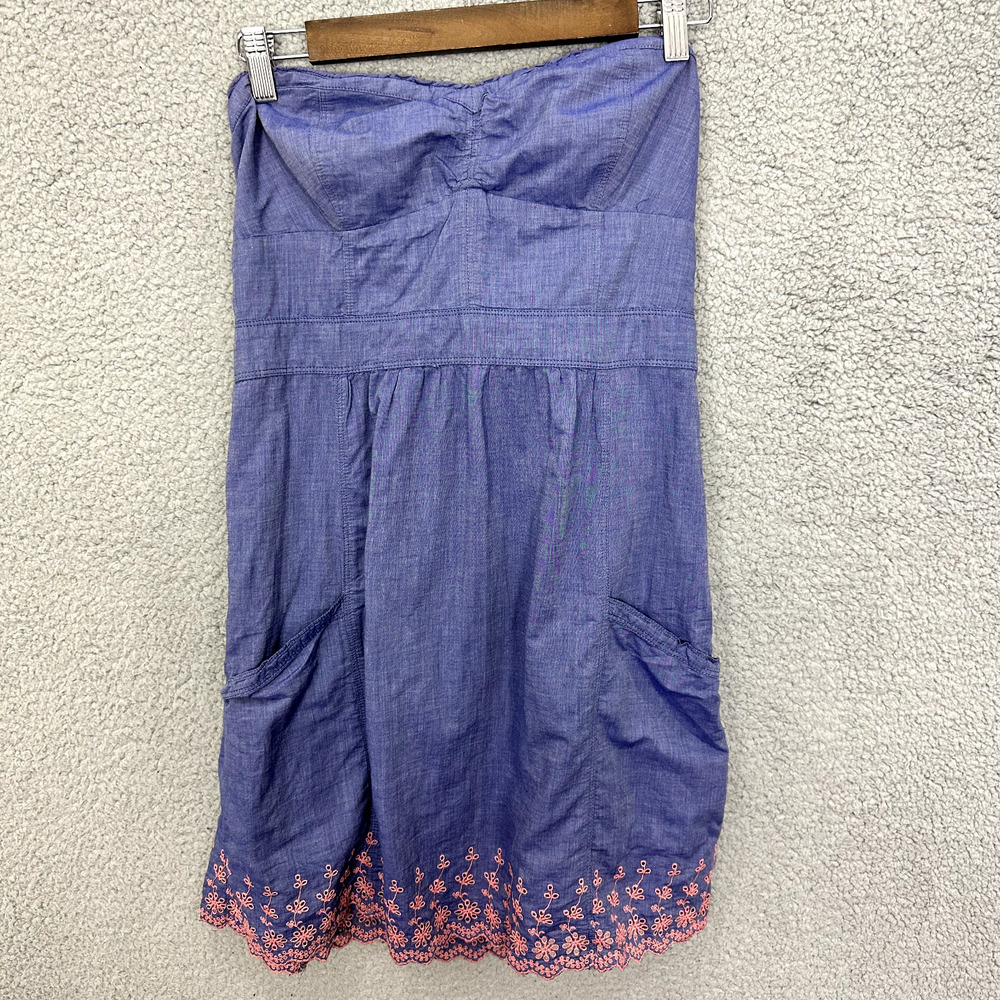 American Eagle Mini Dress Women 10 Blue Chambray Crochet Eyelet Pockets Y2K Boho